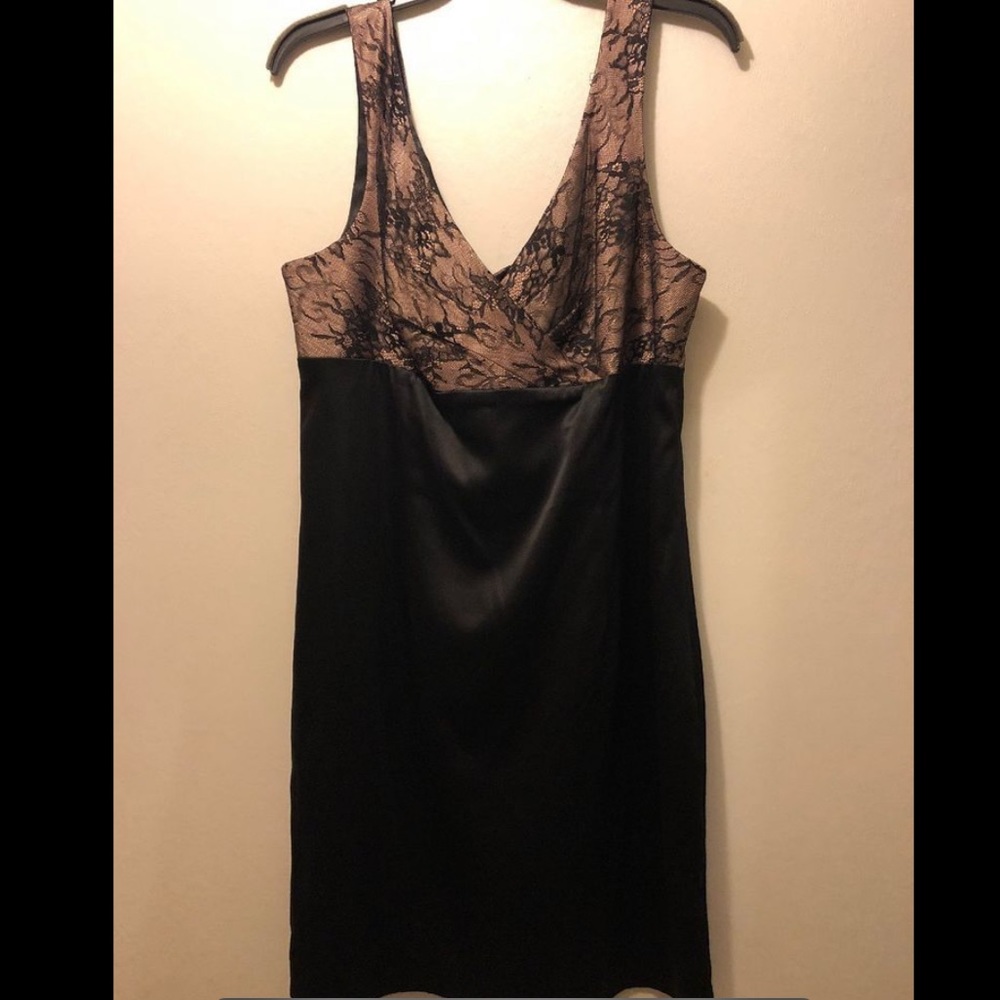 Black satin and lace mini dress by Allen B